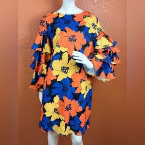 Koandaily Floral Ruffle Sleeve Dress - Blue, Yellow, Orange Size Medium. E27